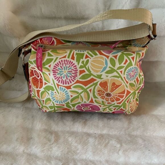 Lily Bloom multi color pastel fabric crossbody bag with tan faux leather trims - Picture 3 of 15